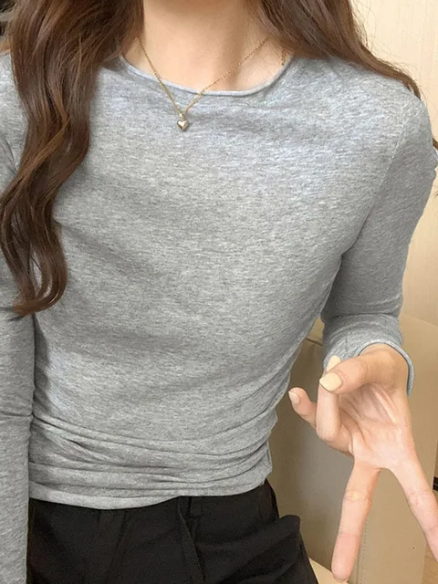 2024 Spring Autumn T shirt Women Tops Solid Slim Fit Long Sleeve O Neck Tshirts Female Casual Streetwear High Quality Base Tees 6