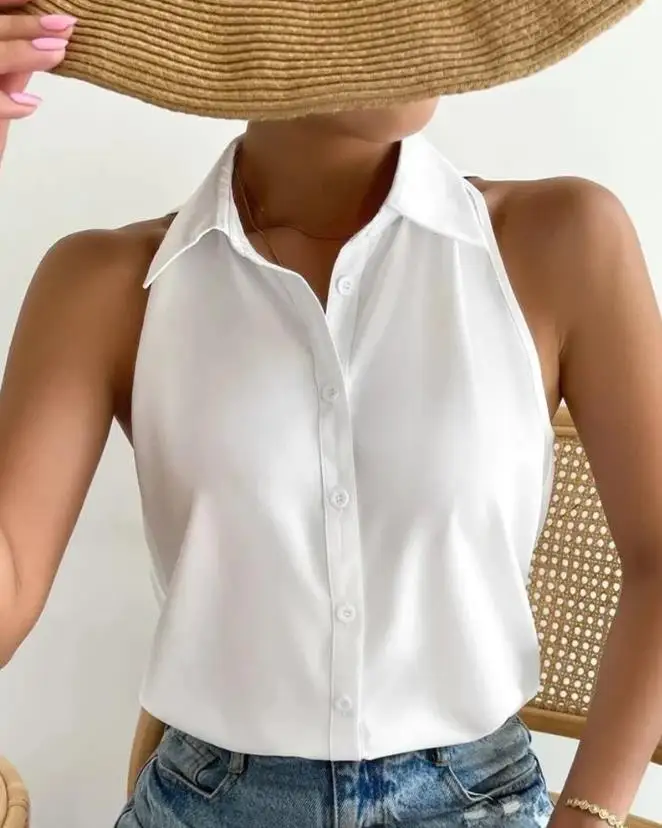 

Women White Shirt Summer European & American Fashion Plain Casual Blouses Women's Turn Down Collar Sleeveless Buttoned Top