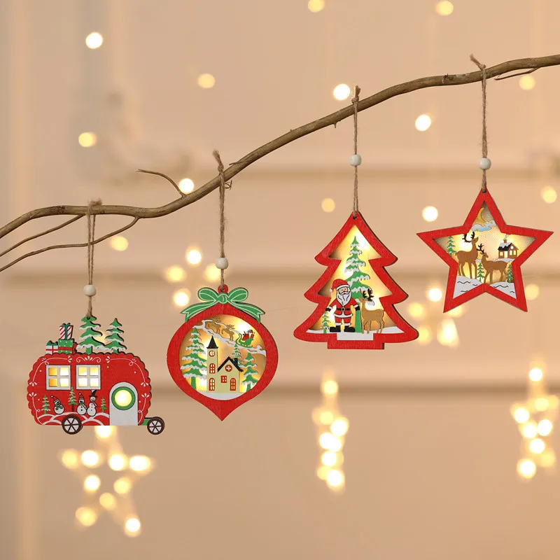 

2024 New Year Christmas Tree Hanging Pendant Wooden LED Light Ornaments Christmas Garland Home Decoration Noel Navidad Decor