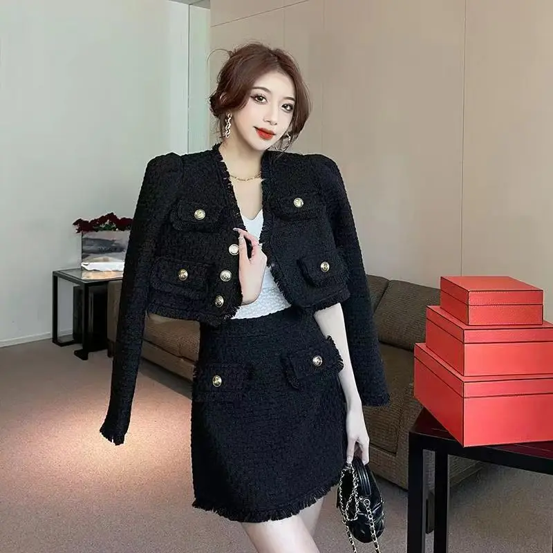 

Retro French Style Fragrance Style Age-Reducing Bubble Sleeve Tassel Coat Skirt Fashion Two-Piece Set Women Feamle Office Lady