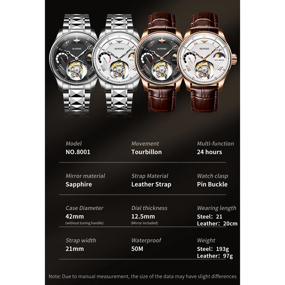 OUPINKE 8001 Men's Watch 50M Waterproof Tourbillon Mechanical