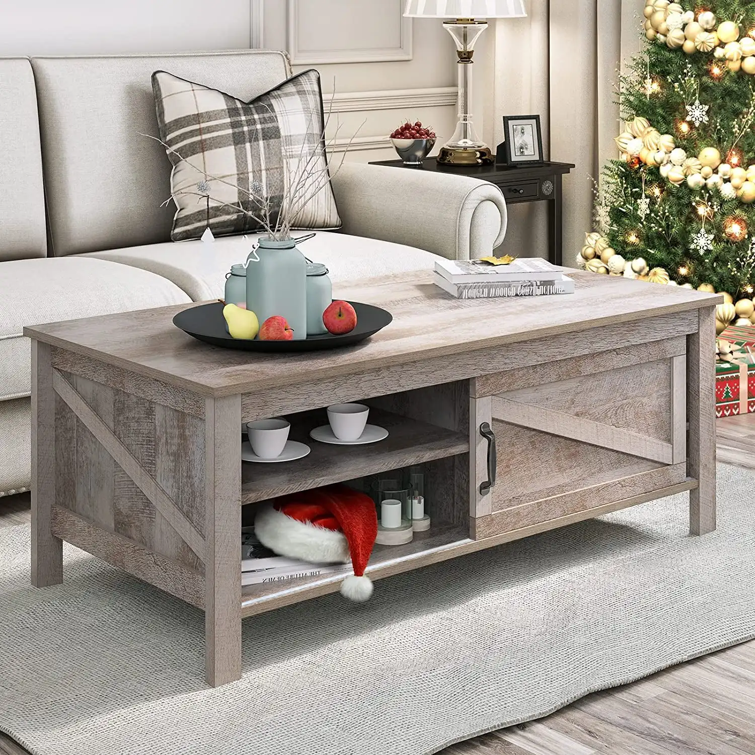 

DEXTRUS Coffee Table with Storage, Farmhouse Wood Sofa Center Table with Sliding Door and Adjustable Shelf for Living Room