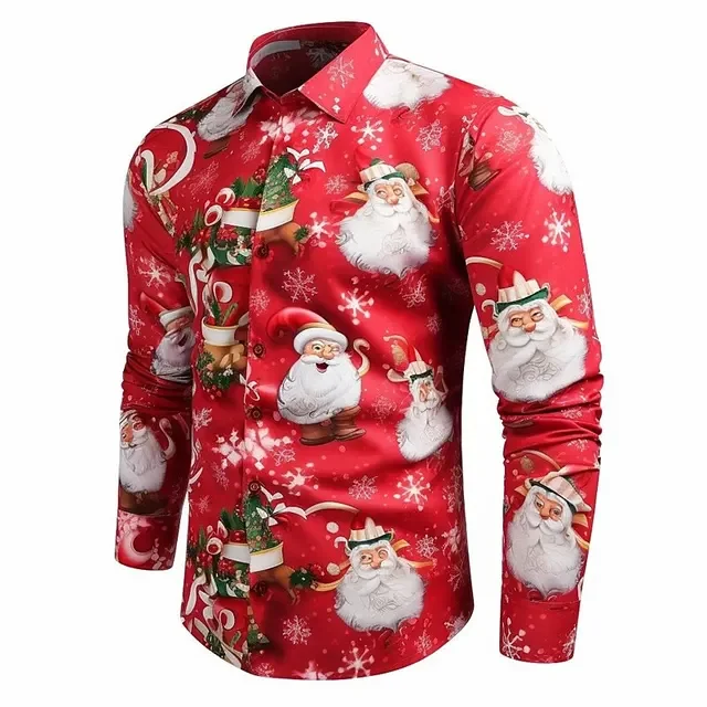 Camisa casual de manga longa de Papai Noel masculina, parte