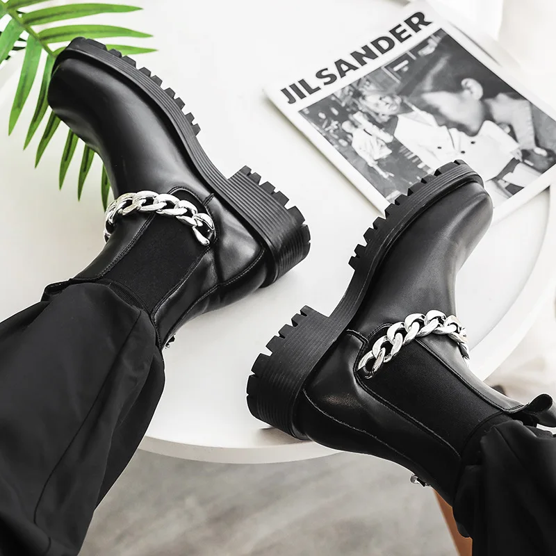 MensSqaureToePlatformChelseaBootsCasualLeatherAnkleBootsMale