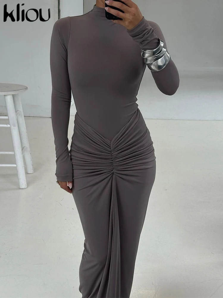 kliou Shirring Women Classic Maxi Dress Autumn New Solid Long Sleeve High Collar Body-shaping Vestidos Mujer Concise Trend Robe 2