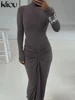 kliou Shirring Women Classic Maxi Dress Autumn New Solid Long Sleeve High Collar Body-shaping Vestidos Mujer Concise Trend Robe 2