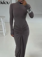 kliou Shirring Women Classic Maxi Dress Autumn New Solid Long Sleeve High Collar Body-shaping Vestidos Mujer Concise Trend Robe 2