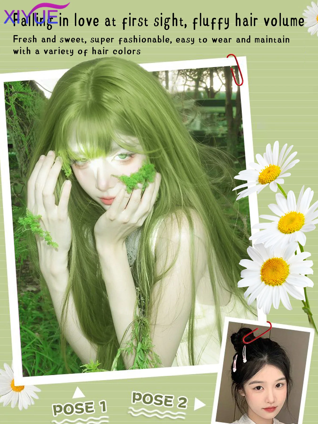 XIYUE Synthetic Cosplay Wig With Bangs Synthetic Straight Hair 20 Inch Long Heat-Resistant Fruit Green Wig For Women