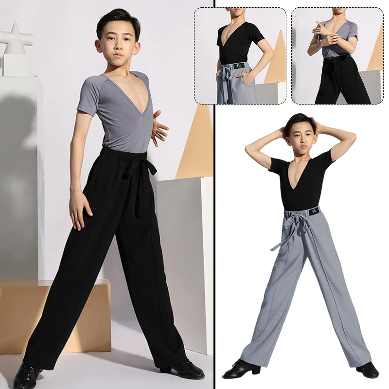 Boys Latin Dance Tops Children Sexy V-Neck Shirts Kids Rumba Ballroom Tango Practice Competition Stage Performance Costumes