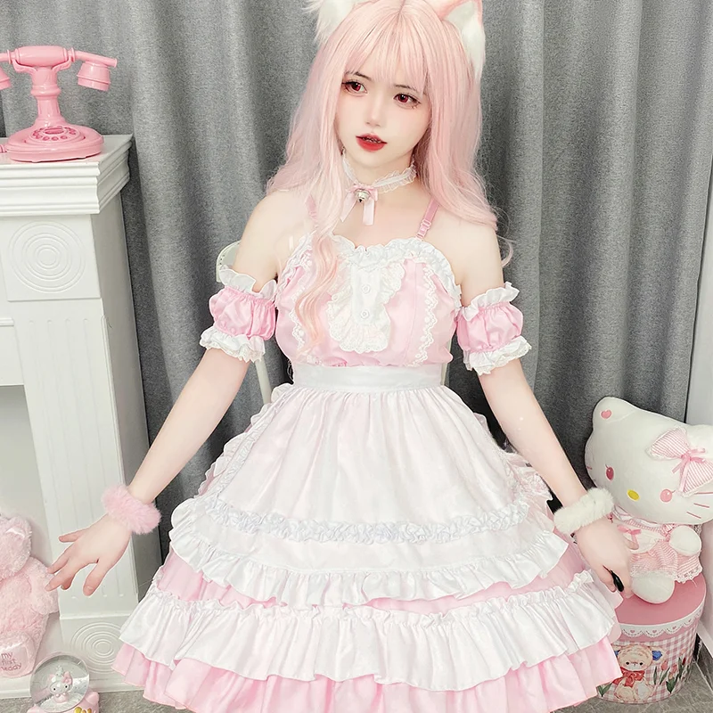 Japanese Sweet Lolita Dress Anime Cat Girl Plus Size Maid Halloween Cosplay Costume Pink Ruffles Kawaii Princess Party Dresses lolita dress lolita suspender dress lolita cosplay costumes suspender dress lolita skirt lolita blouses