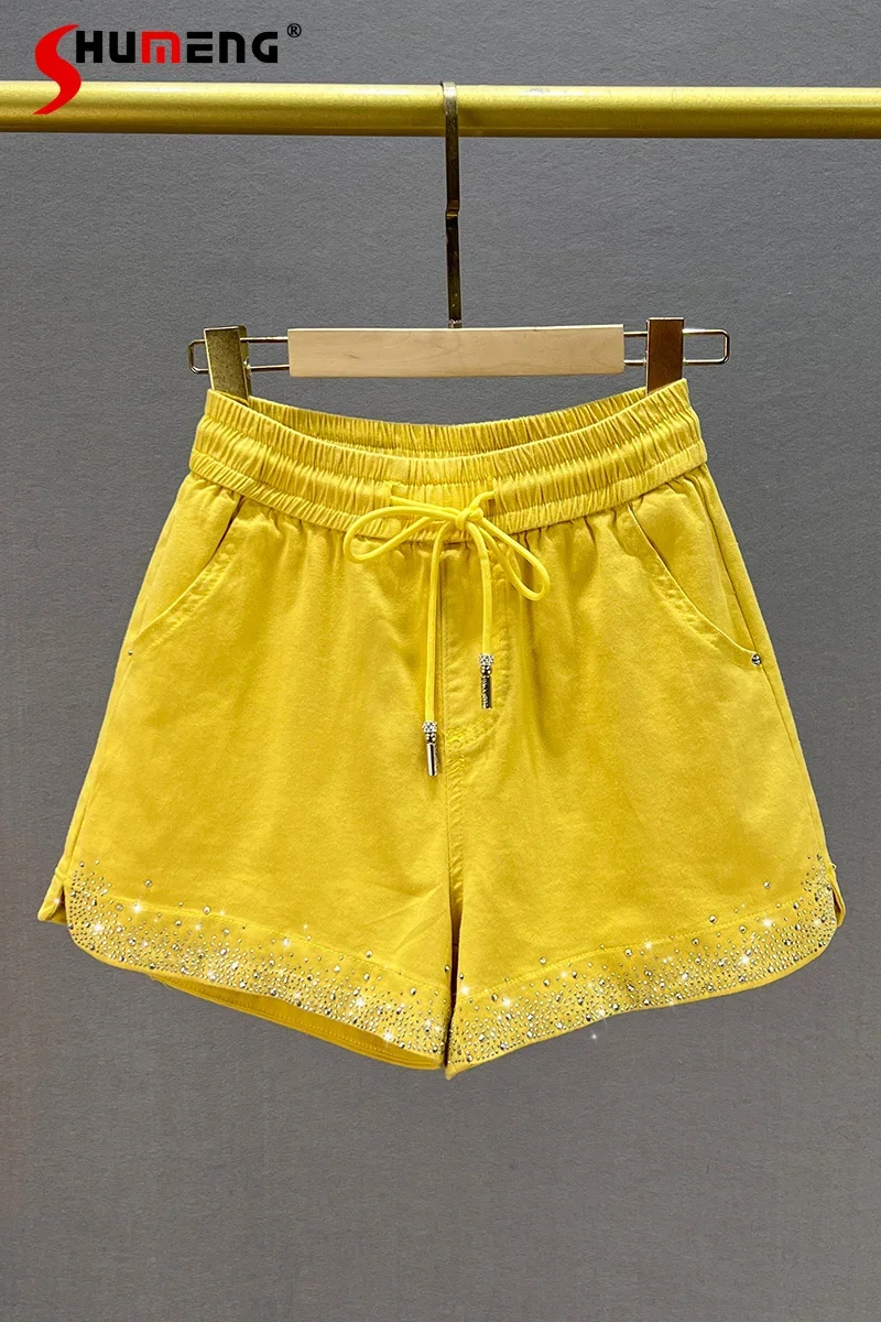 Hot Rhinestone Denim Shorts Women Trendy 2022 Summer Shorts High Waist Slimming Thin A- Line Wide Leg Shorts Female Hot Pants