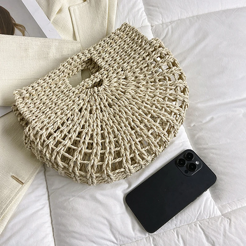 Vintage Half Round Wicker Straw Beach Handbags Women 2023 Summer Hollow Out Round Handle Woven Straw Bags High Quality Holiday