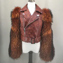 Natural Sheep Leather Short Crop Jacket With Long Fox Sleeve Short Coat Crocodile Biker Jacket Y2k 2023 Furry Luxury 230412