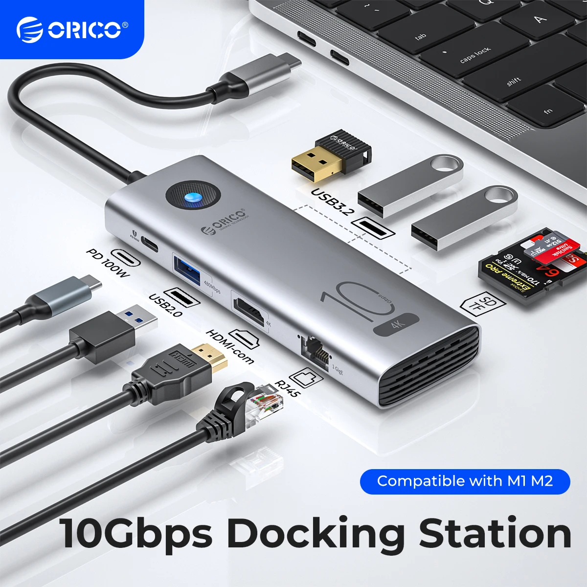 Orico-tipo c Docking Station 10gbps 4k60hz Compatível com Hdmi Usb 3.0 2.0 Hub Rj45 Pd100w Leitor de Cartão Adaptador Acessórios para Notebook