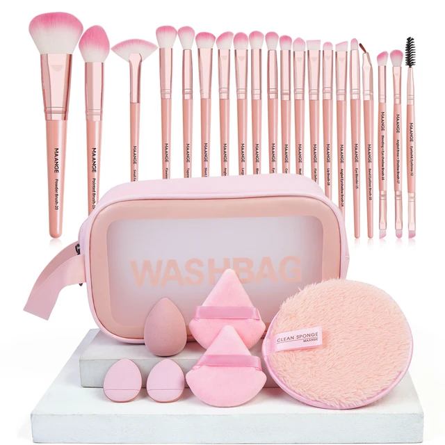 41887-d7529e.jpg MAANGE 27pcs Makeup Tools Kit 20pcs Foundation Contour Blush Brush Set with Triangle Powder Puff Makeup Remover Puff Travel Bag
