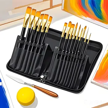 Set di pennelli per artisti ad acquerello da 15 pezzi, manico in legno per capelli in nylon per pittura a olio acrilica, materiali artistici per bambini e adulti 1