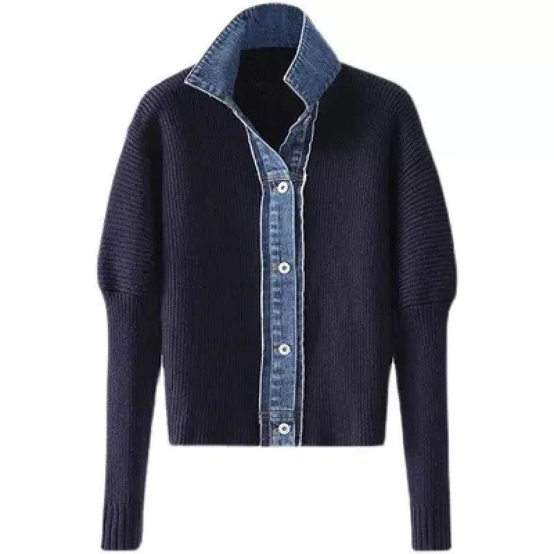 

VANOVICH Autumn and Winter Japan Style Polo Collar Long Sleeve Cardigan Sweater Female Loose Casual Denim Stitching Knitted Coat