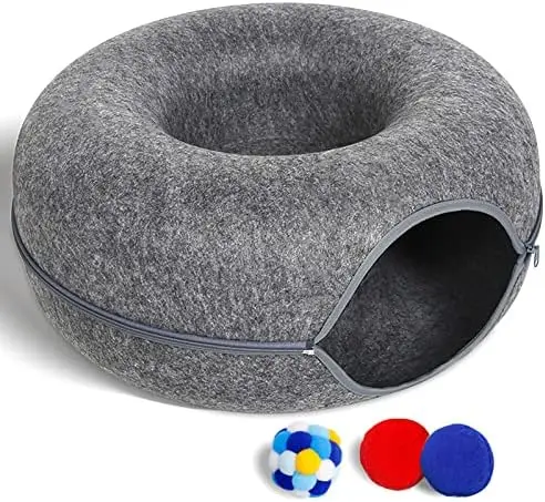 

Cat Tunnel Bed for Indoor Cats with 3 Toys, Scratch Resistant Donut Cat Bed, for Cats up to 24 Lbs (L(24x24x11), Dark Grey) Gard