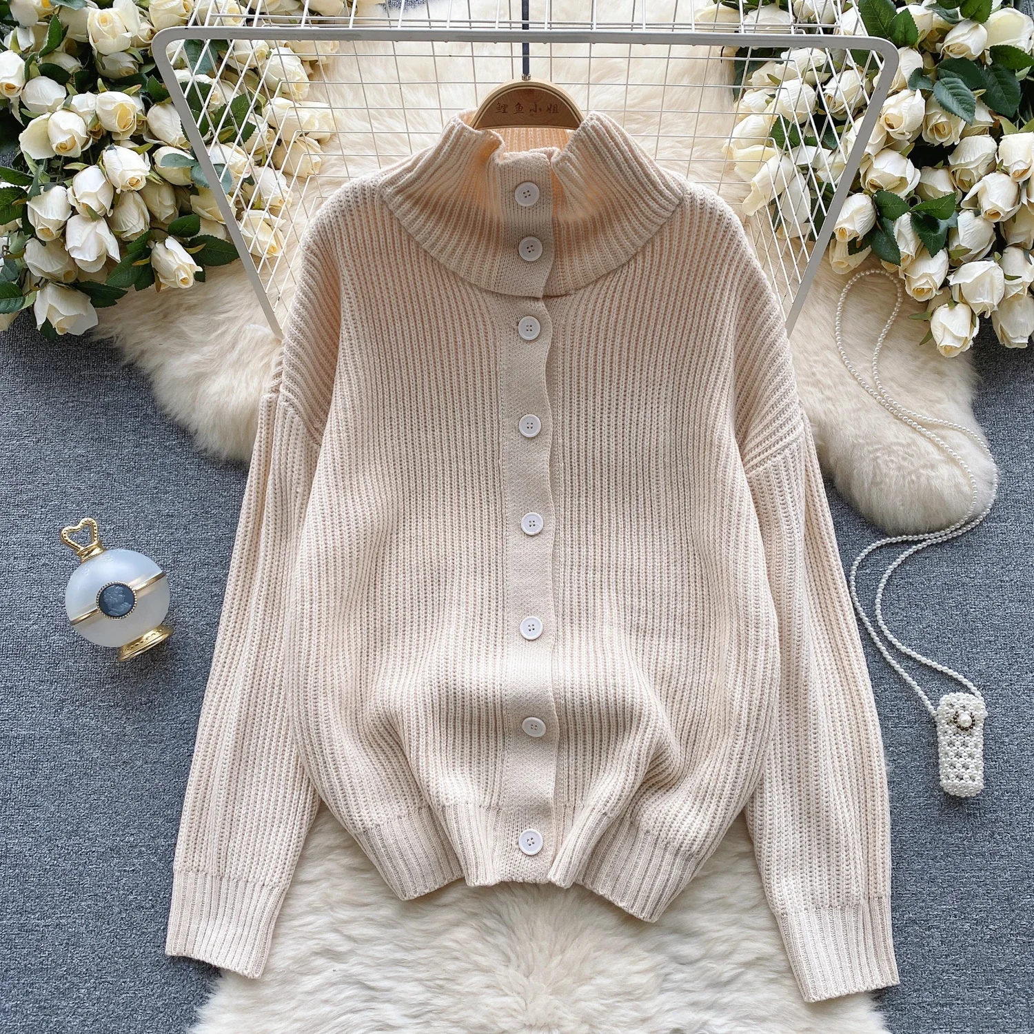 

Простой вязаный Повседневный Кардиган VANOVICH, новинка осень-зима, женский свободный и приталенный дизайнерский темпераментный свитер с воротником-стойкой