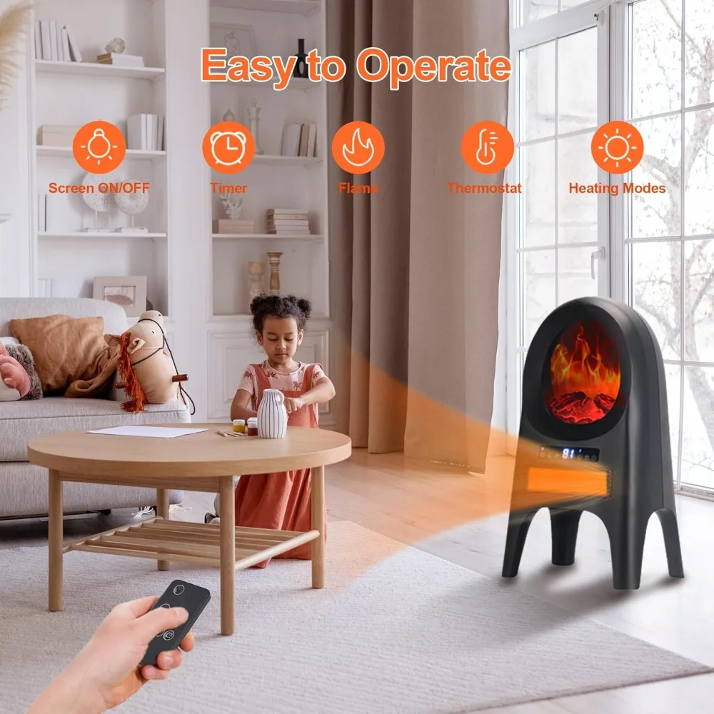Indoor Space Heater, 1500W Ceramic Electric Heater with Flame, 24 Inch Remote 8H Timer Tower Heater with Thermostat 2