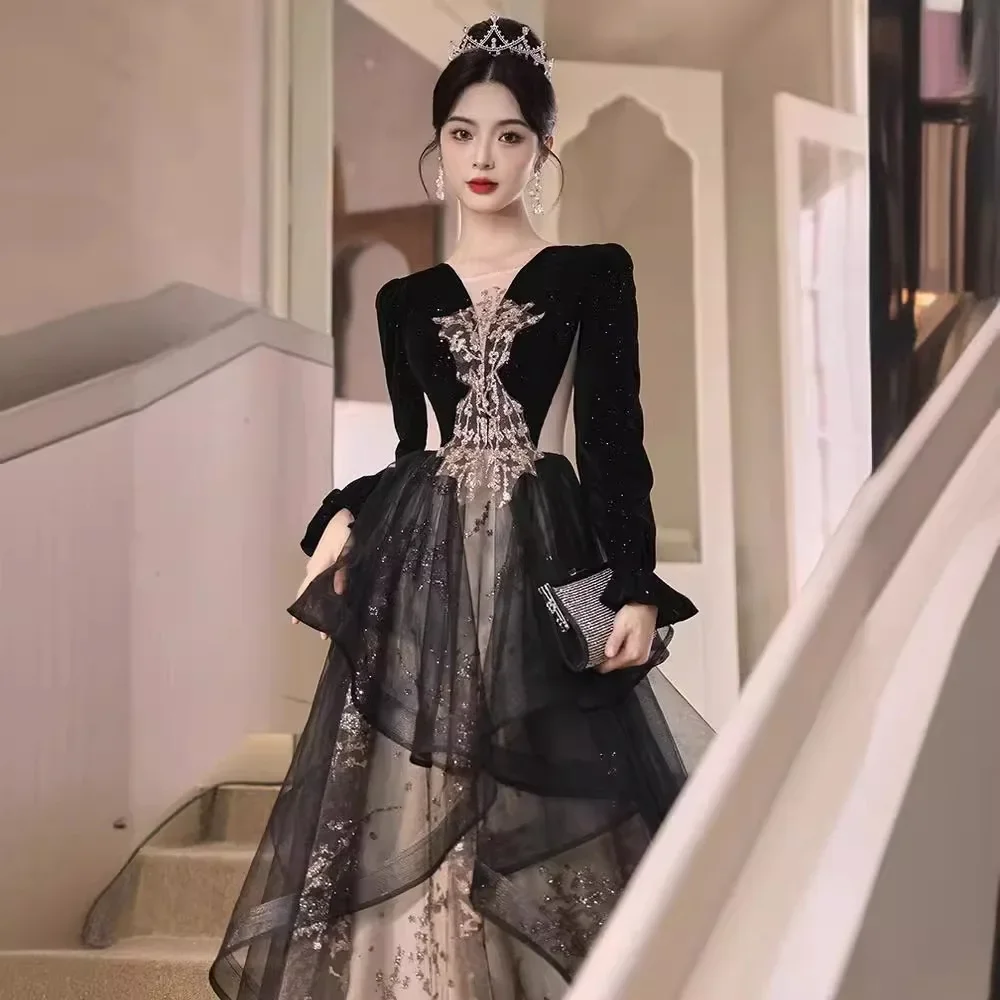 

Evening gown simple black hollow out women's clothing