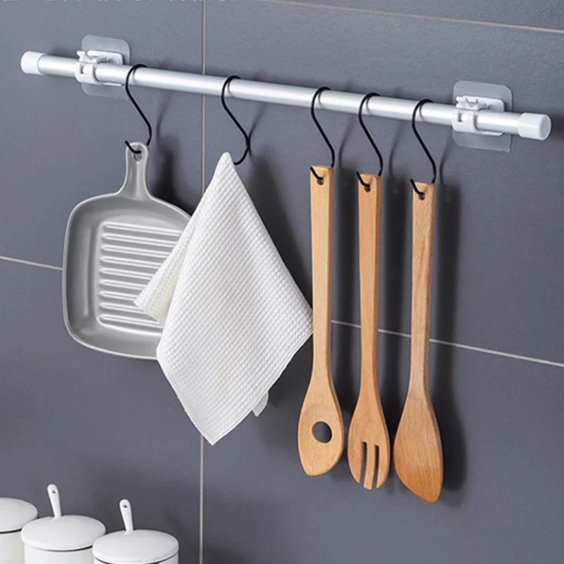 2/6/12Pcs Self Adhesive Rail Hooks Nail-Free Adjustable Curtain Rod Bracket Clamp Hooks No Drilling Home Kitchen Bathroom Use
