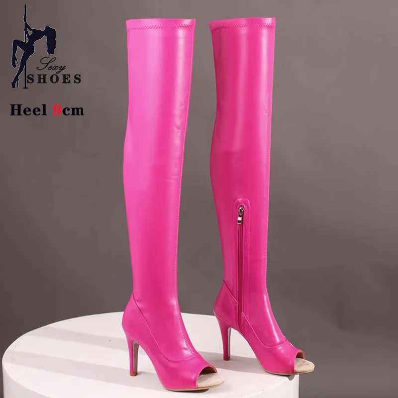 

Women Over The Knee Boots Nightclub Sexy Peep Toe Shoes 7CM 9CM Summer Stiletto Heels Stretch Leather Thigh High Boots Plus Size