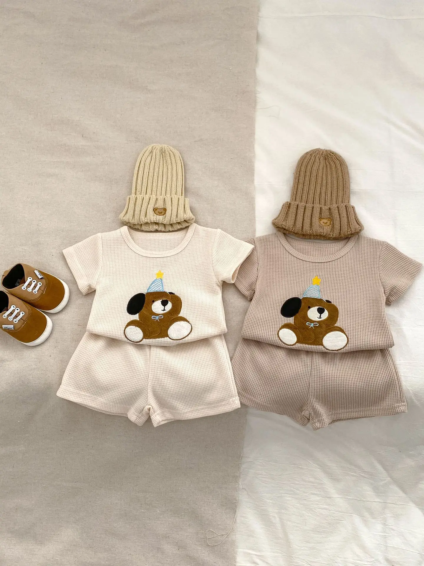 

2024 Summer New Baby Short Sleeve Cotton Set Toddler Bear Embroidery T Shirts + Shorts 2pcs Suit Infant Boy Girl Casual Outfits