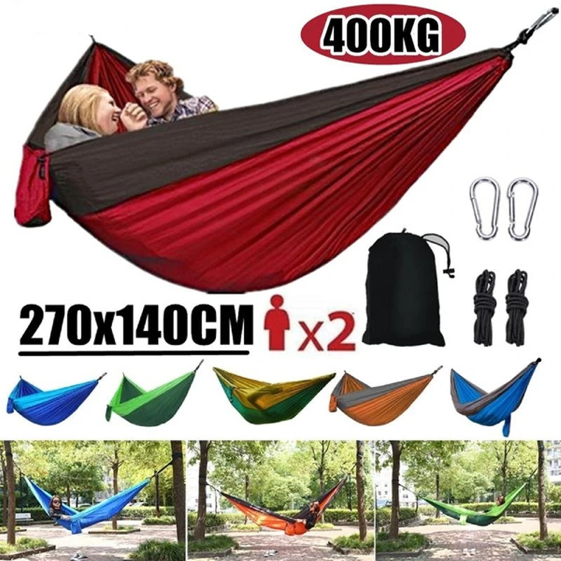 2 Person Portable Outdoor Camping Hammock with Nylon Color Matching Hammock High Strength Parachute Fabric Hanging Bed Hunting