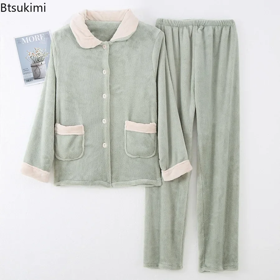 2024 Women's Autumn Winter Warm Flannel Pyjamas Sets Thick Coral Velvet Long Sleeve Tops and Pants Sets Sleepwear Homewear Woman