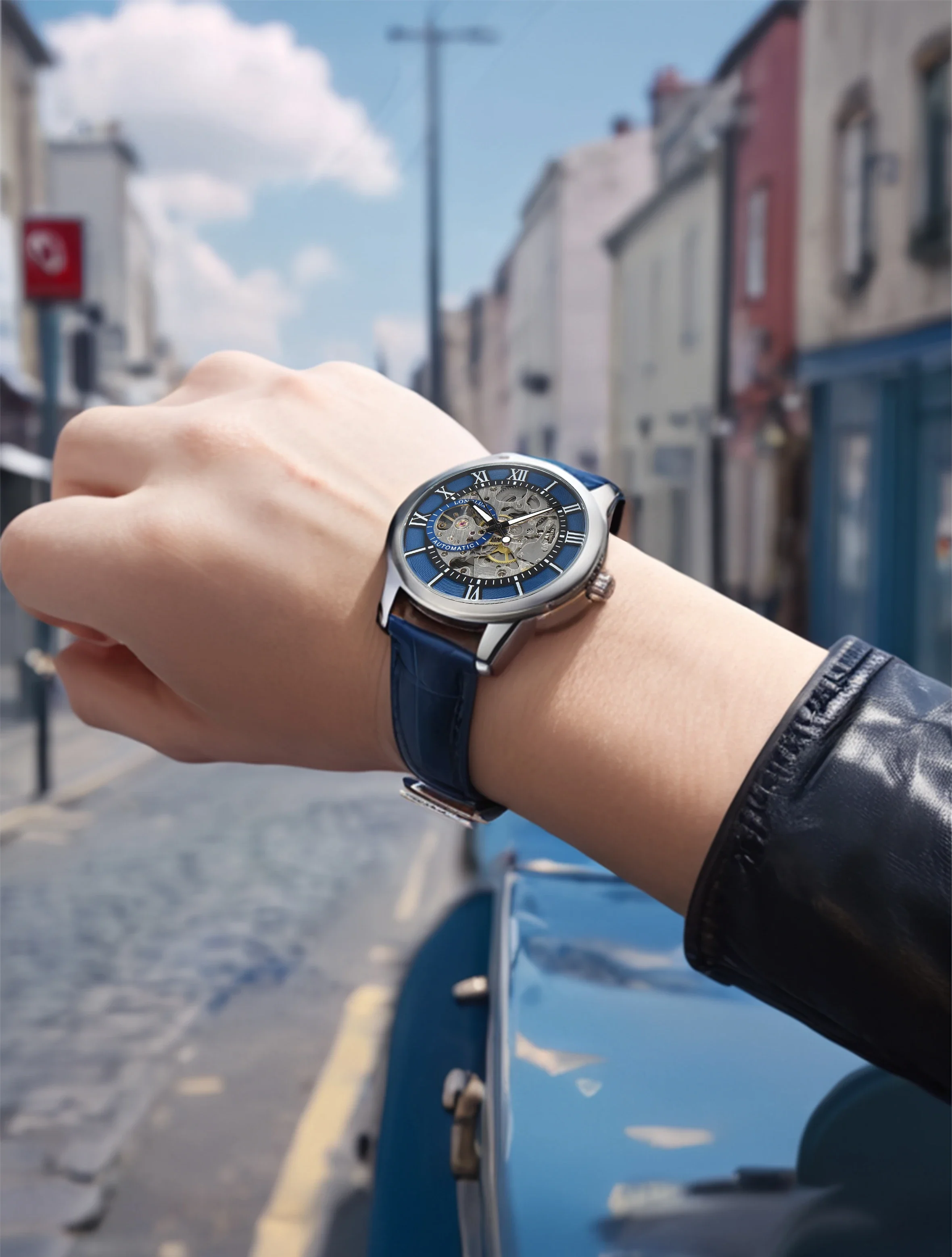 LONGLUX Automatic Waterproof Leather Wristwatch with Roman Numerals - Luxury Men's Gift