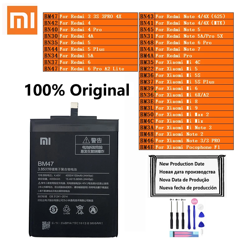 

Xiaomi Original Redmi Hongmi Note Mi Max 2 A2 3 3S 4 4A 4C 4X Mix 5 5A 5X 5S 6 6X 7 8 9 Lite Plus Pro Pocophone F1 Phone Battery