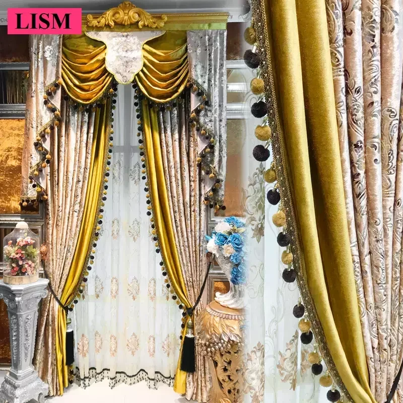 

European Flannel Curtains for Living Room Bedroom Blackout Double Layer Color Matching Decor Custom Valance Embroidery Tulle