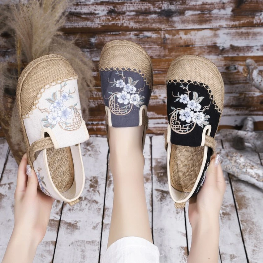 Flats Women Shoes Embroider Retro Lace-up Round Toe Cotton Linen New Handmade Concise Comfortable Ladies Shoes Spring and Summer