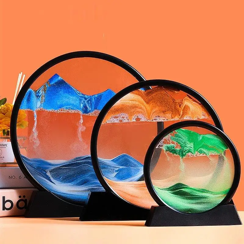7/12 Inch Sandscape Moving Sand Art Picture Round Moving Hourglass 3D Mountain Motion Display Flowing Sand Painting Home Decor Sand Timer Liquid Hourglass Timer Colored Hourglass