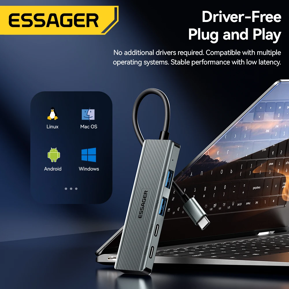 Essager USB Hub Adapter 4 in 1 USB Type C to USB3.2 Gen2 Hub Splitter Adapter for MacBook Pro Air Samsung Docking Station HUB