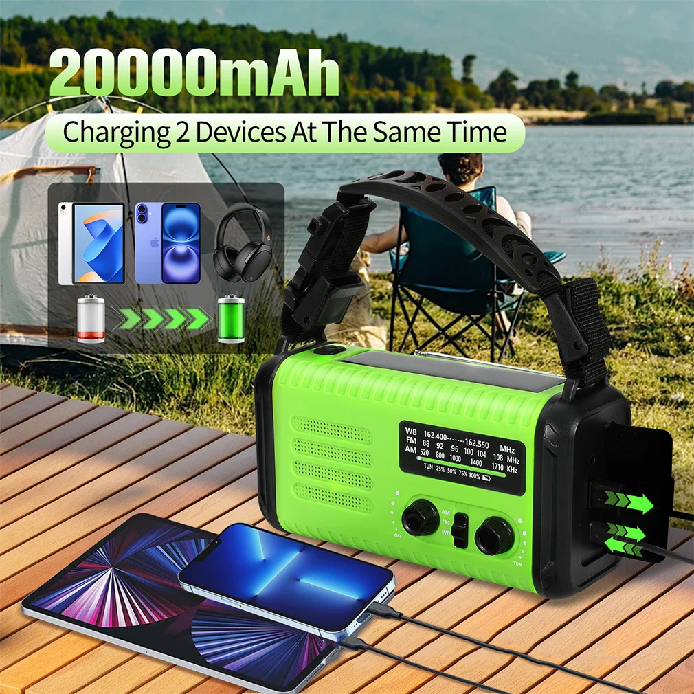 USB 충전식 비상 라디오 20000mAh 태양열 핸드 크랭크 발전기 라디오 날씨 AM/FM 라디오 SOS 알람 보조 배터리 손전등