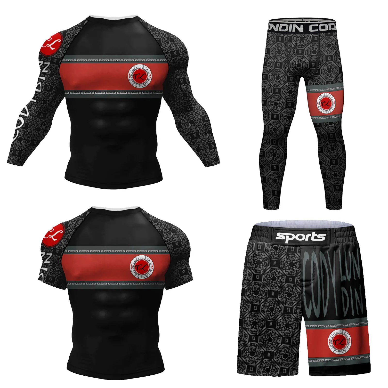 4 Pieces Cody Lundin Sportsuit Skeletal Print  jiu jitsu Grappling Rashguard Set Men Running Gym Tracksuit Compression MMA kits 4