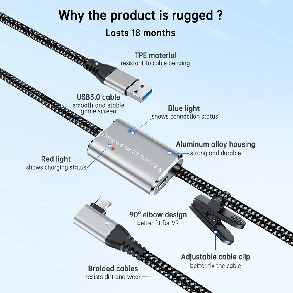 5m VR 링크 케이블 (클립 포함) PD3.0 고속 충전 USB 3.0 - USB C 케이블 데이터 5Gbps 메타 퀘스트 3/2/프로 피코 4 스팀 VR PC용