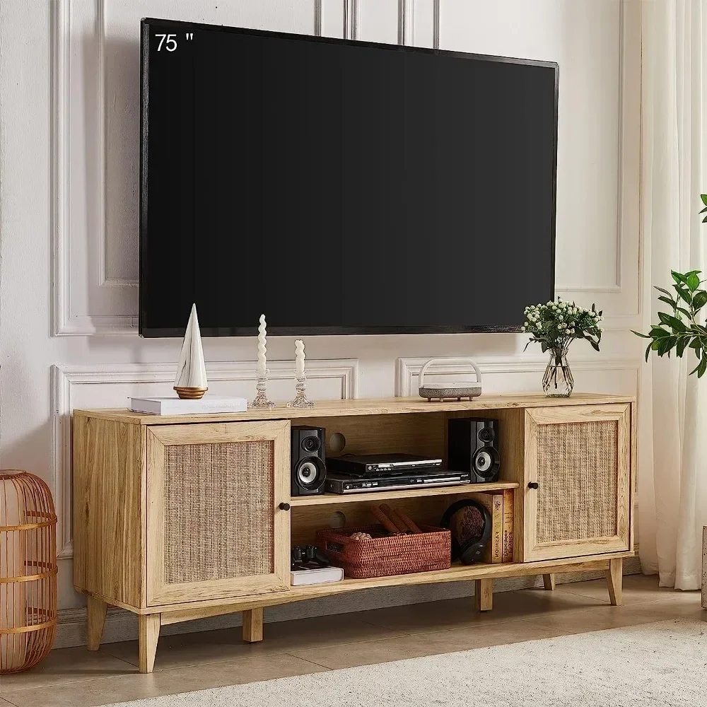 

Подставка для телевизора 75 + дюймов, развлекательный центр с хранилищем, ротанговая деревянная подставка для телевизора Boho-Chic Vibe и регулируемые полки, дуб