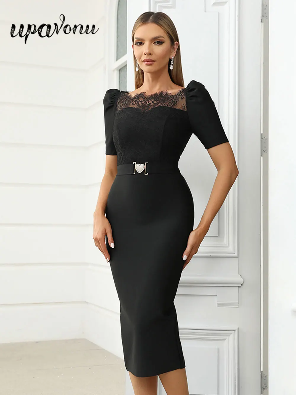 

2024 Sexy Women's Black Lace Bandage Dress Bubble Short Sleeve Bodycon Belt Design and Knee Dress Cocktail Evening Party Vestido