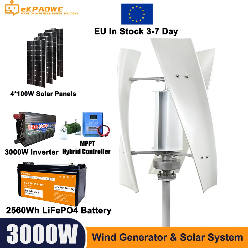 3000W ประสิทธิภาพสูงกังหันลม Off Grid ระบบ 12V 24V 48V แรงดันไฟฟ้าขาออก 220V 230V 240V เครื่องใช้ในบ้านแหล่งจ่ายไฟระบบ 1