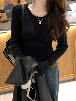 بلوفرات محبوكة برقبة دائرية لخريف وشتاء 2025 بلوزات نسائية ناعمة بأكمام طويلة سترة مكشكشة متعددة الاستخدامات قميص بطبقة أساسية ضيقة 5