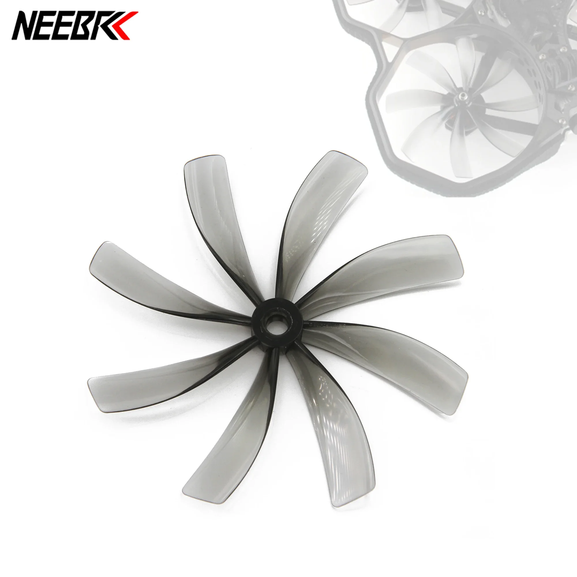 Hélice NEEBRC 89mm 8 pales CW vue en gros plan, montrant le design des pales et le moyeu