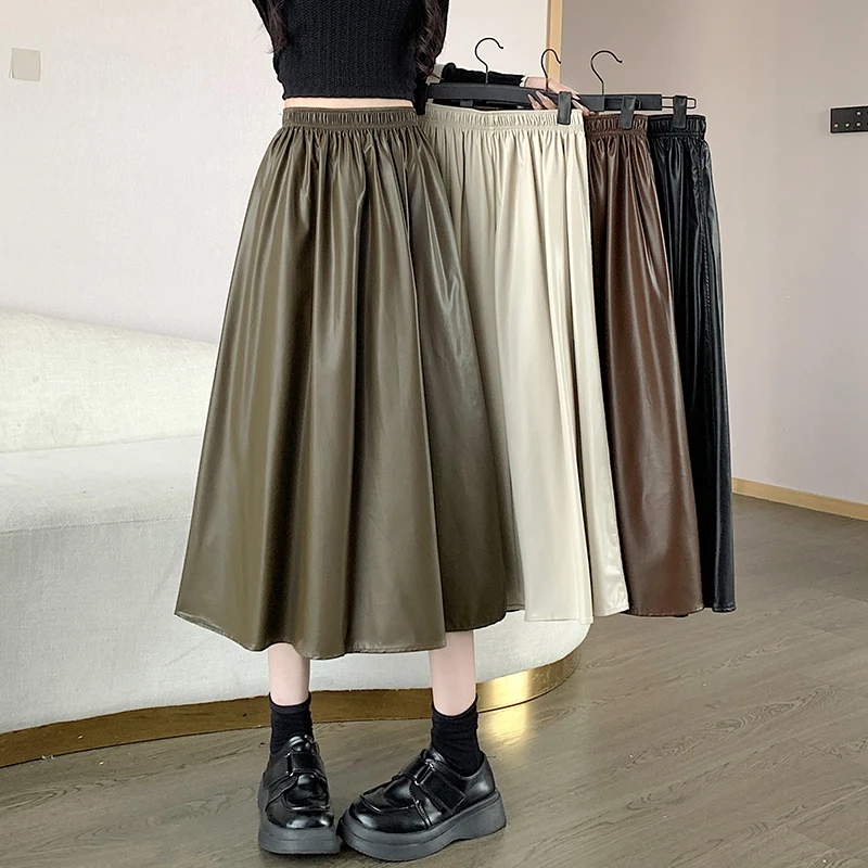 

Women's Elegant OL Long Saias 2023 Fashion Solid Mujer A-line PU Leather Maxi Skirts Casual High Waist Umbrella Jupe Femme E78