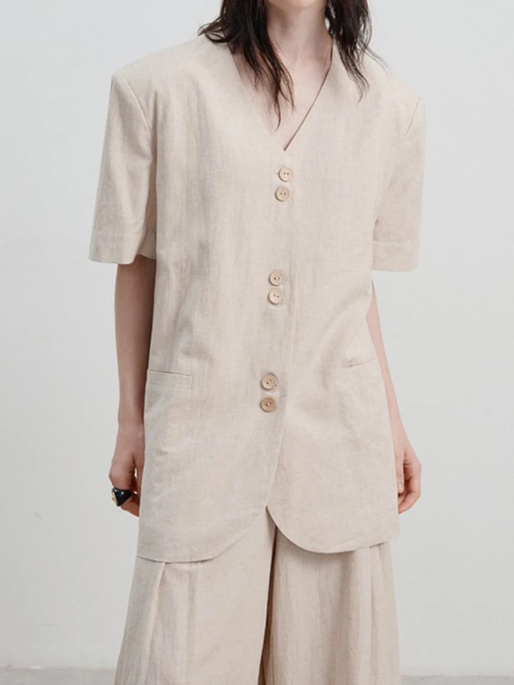 [LANMREM] Minimalism Linen Short Sleeve Blazers For Women V Neck Single Breasted Office Lady Jackets 2024 Summer New 26D9135