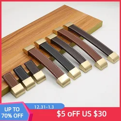 Leather Cabinet Drawer Knobs Brushed Golden Furniture Wardrobe Door Suitcase Handles Kitchen Cupboard Pulls for Dressing Table
