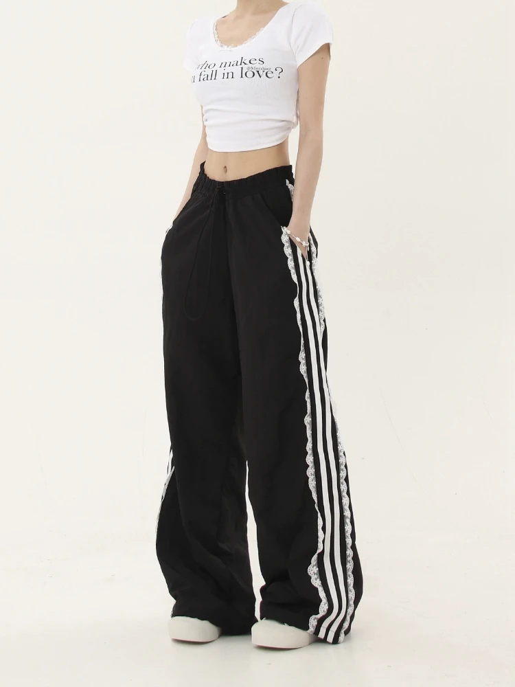★EXPIRED GIRL★ Veloa track pants black EGPA2C002PK ADAgirl Black Striped Sweatpants with Lace Patchwork Y2k