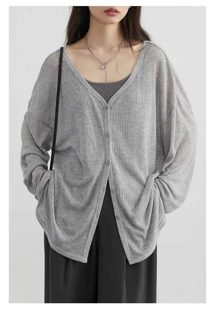 Solid V-neck Shirt Women Spring Single Breasted Chiffon Loose Slim All-match Sun Protection Thin Breathable Fashion Slim Cozy