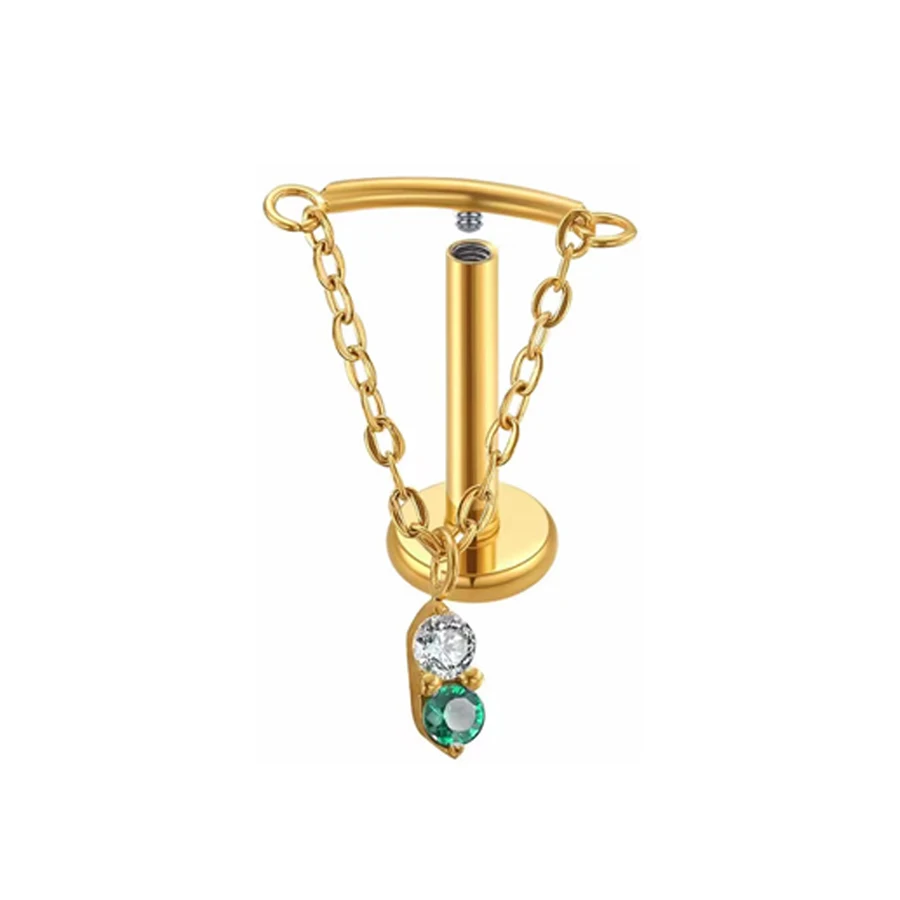 ASTM F136 Titanium Drop Pendant CZ Stud Earring with Dangle Chain Helix Cartilage Tragus Lip Flat Back Piercing 16G
